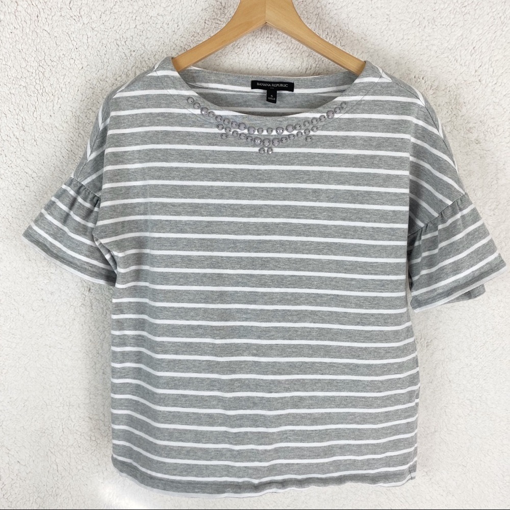 Banana Republic Ruffled Bell Sleeve Gray/White Top